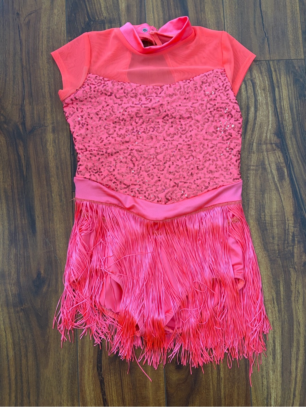 Weissman Bright Coral Sequin Fringe Dance Costume Nearly New Youth M & Hair Clip